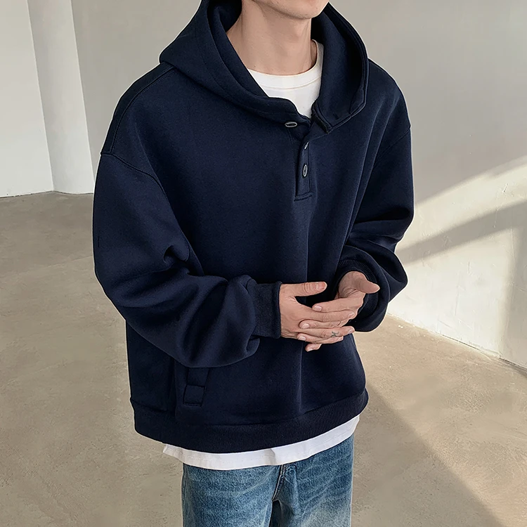 美式秋季简约藏青色连帽卫衣男高级感痞帅百搭长袖帽衫情侣外套潮