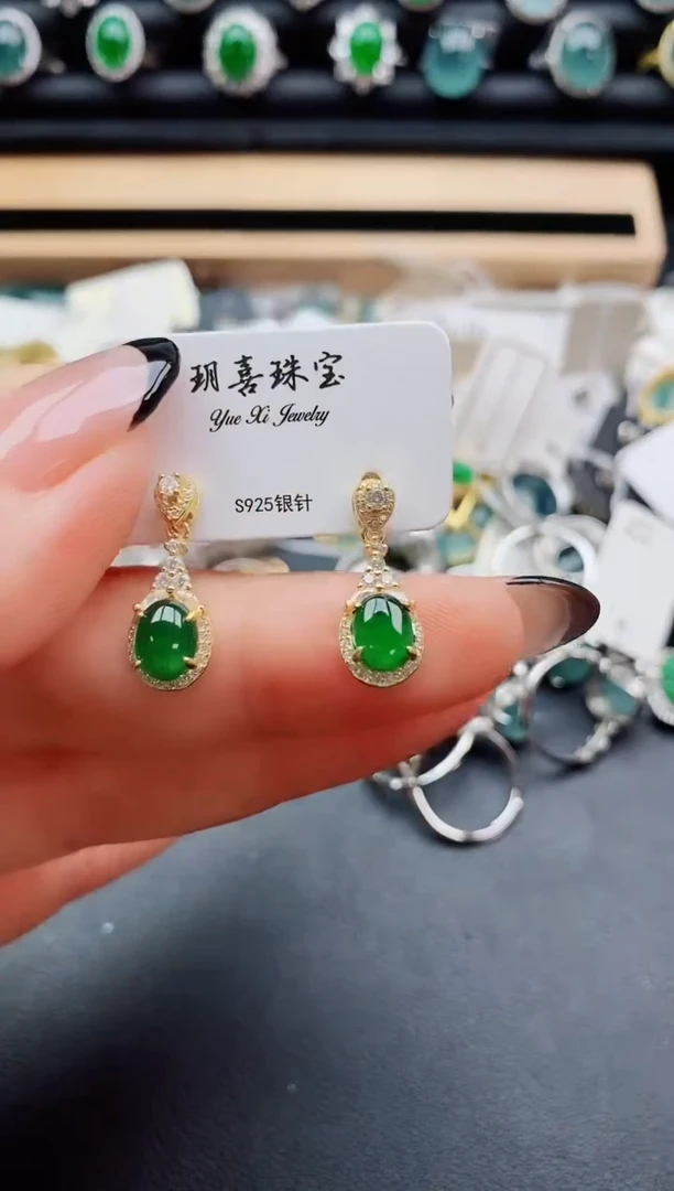 翡翠银S925镶嵌耳饰508500