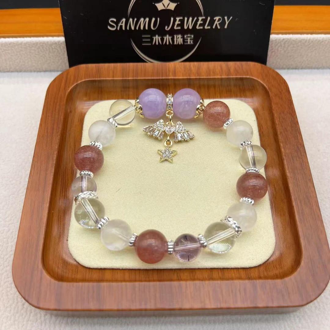 37天然水晶手串白水晶草莓晶月光石紫锂辉原创设计款