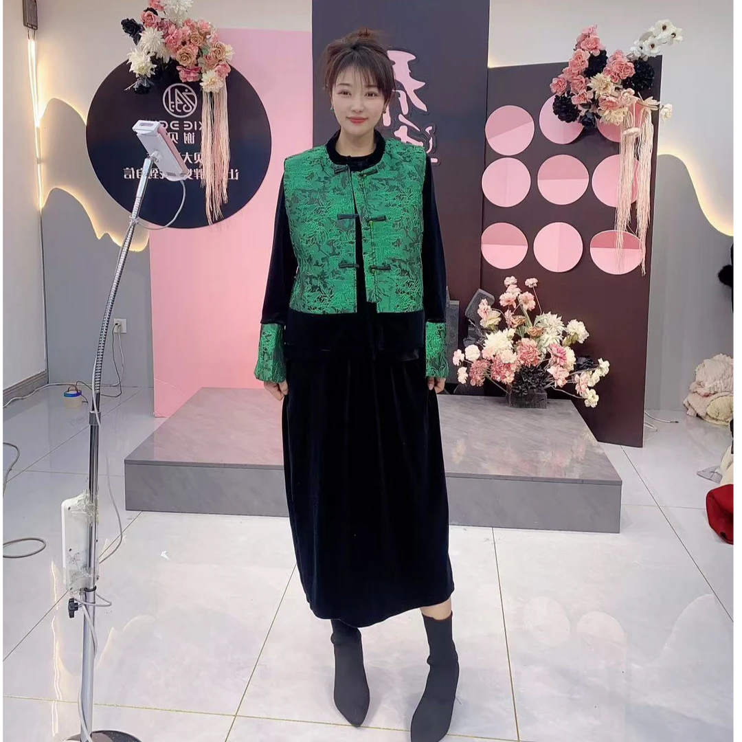 XIE6 国风复古气质马甲上衣半裙三件套0419 马甲加棉