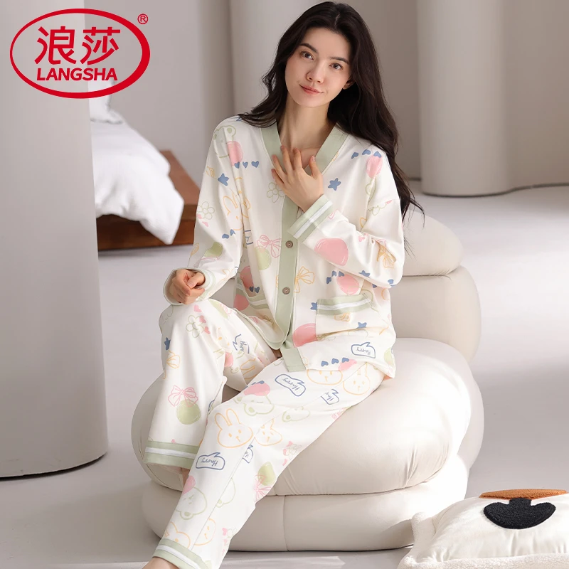 浪莎春秋纯棉睡衣女士长袖V领开衫时尚女款卡通甜美家居服可外穿