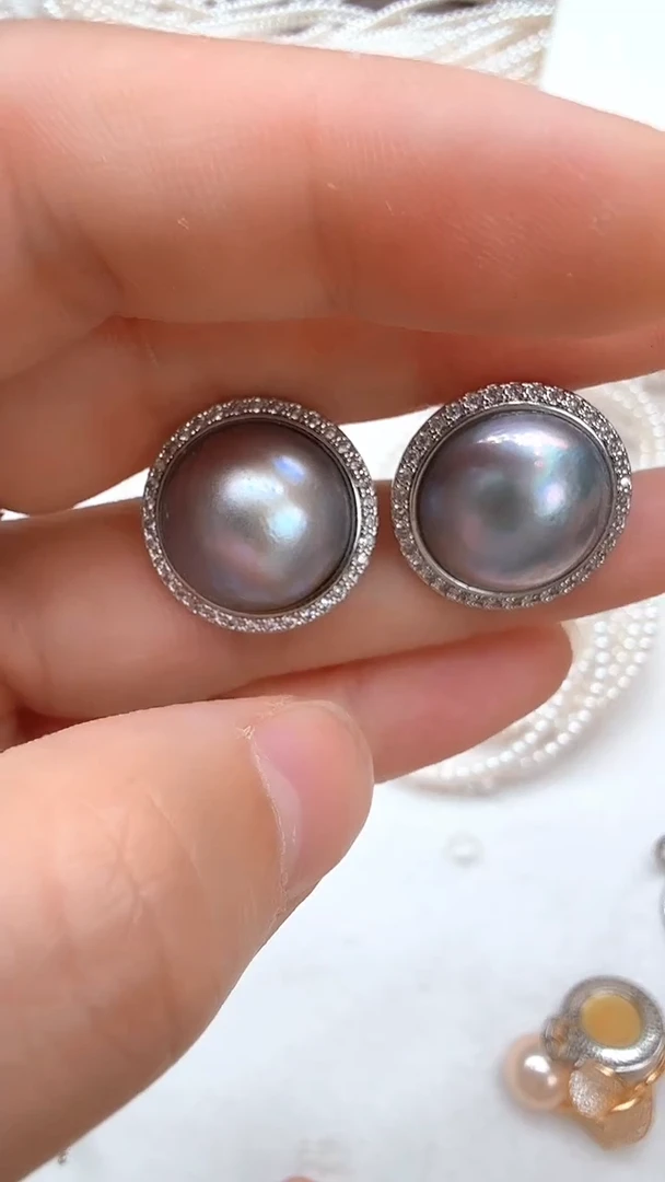 耳饰合金拼合珍珠（马贝珠）太阳花灰色