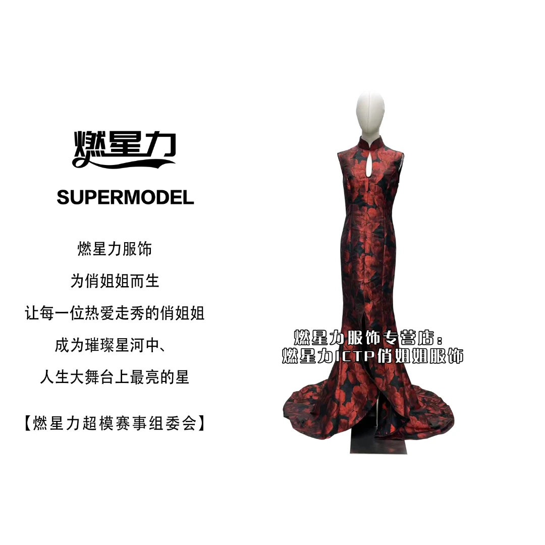 【燃星力 iCTP 俏姐姐】黑底红花无袖旗袍长裙气质高开衩红色 涤纶