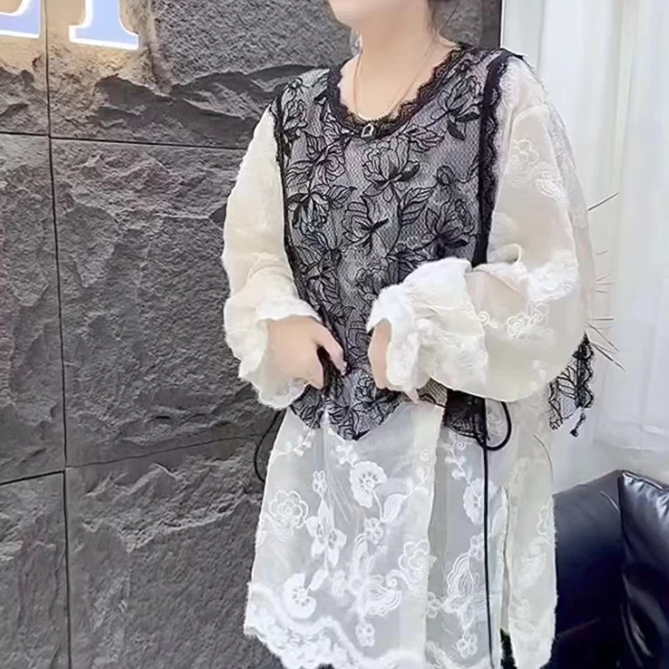 欧货春节新年款蕾丝拼接打底T恤衫中长款长袖2025小香风上衣韩版