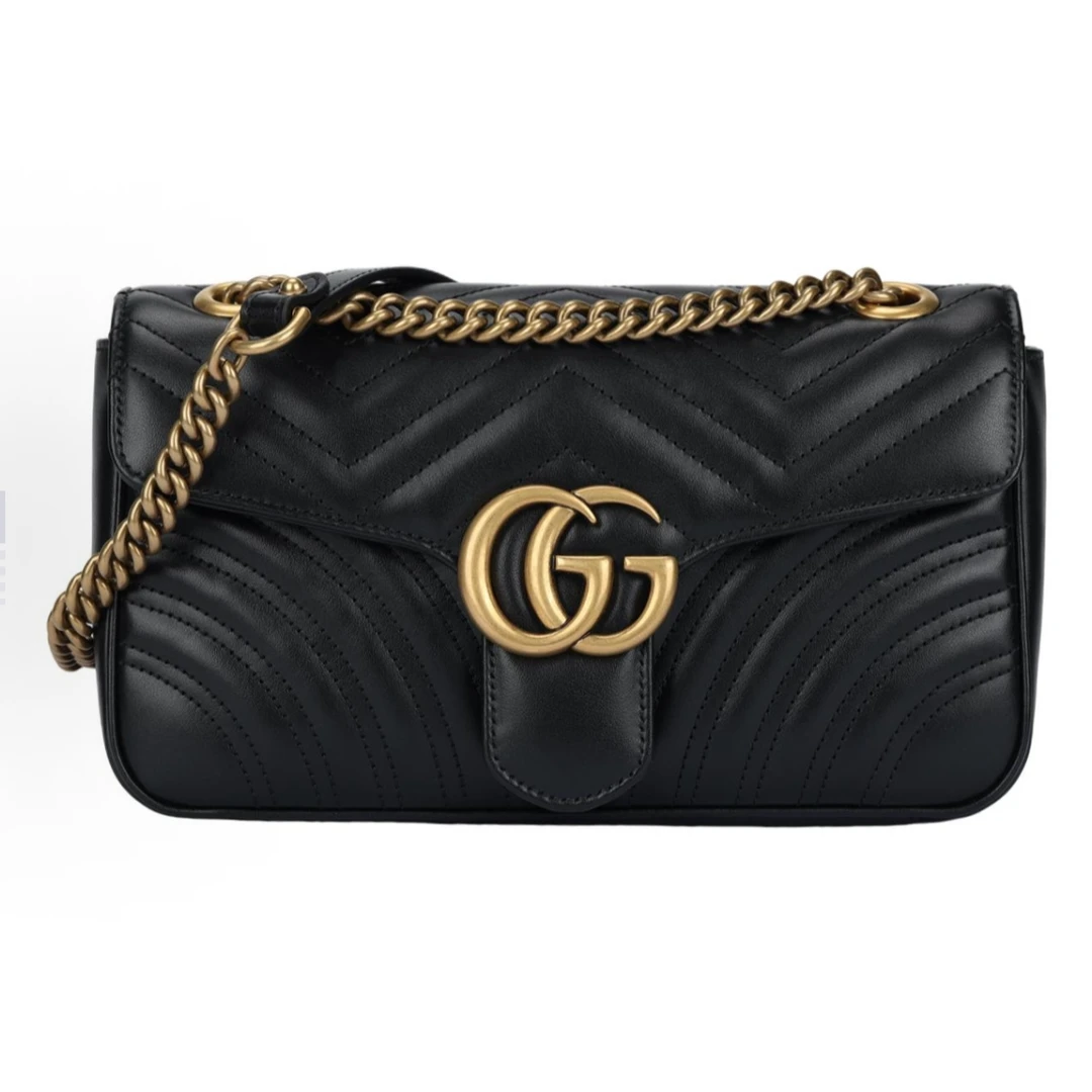 未使用 GUCCI/古驰 marmont马蒙26黑金单肩斜挎链条包