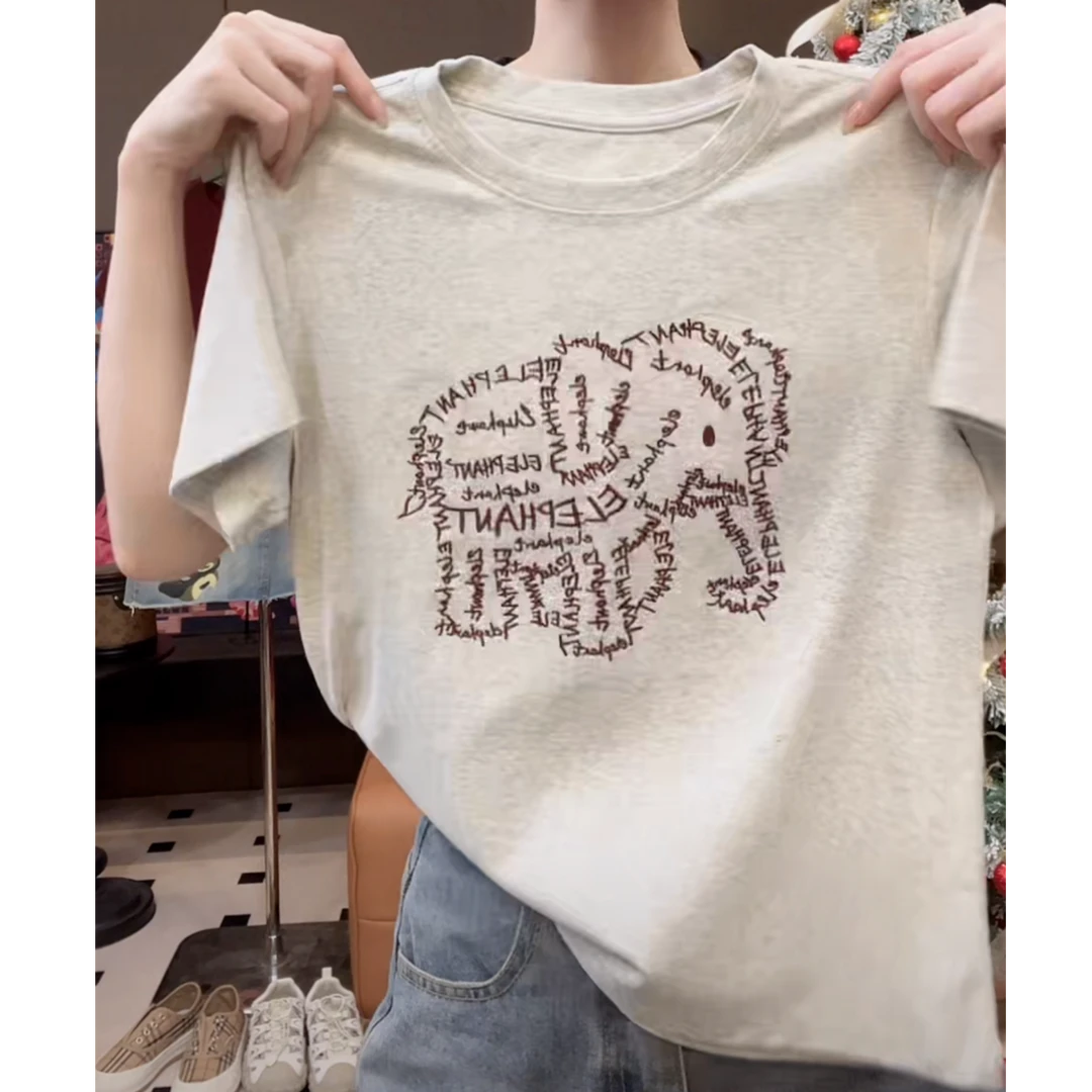 字母刺绣大象时尚短袖t恤女夏季2025早春新款圆领休闲体恤12336