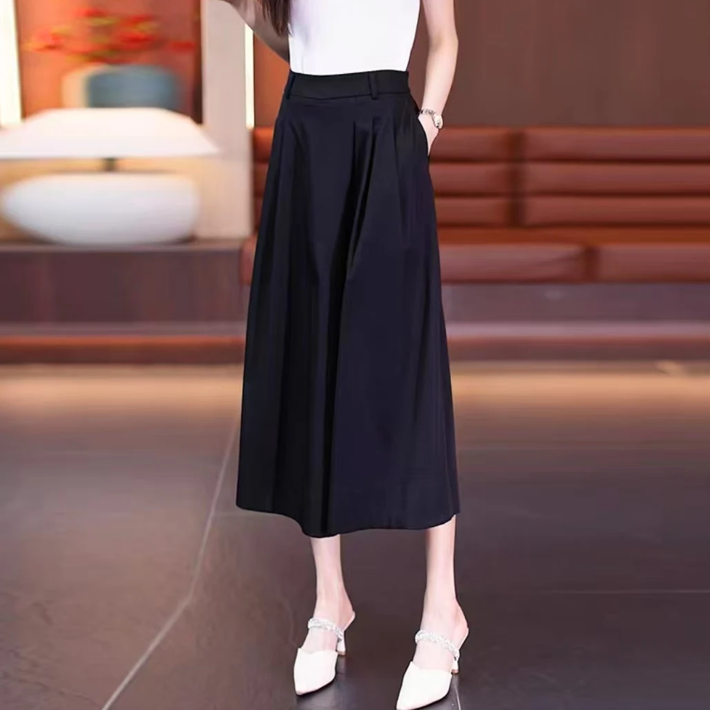 2025夏季新款莱赛尔天丝阔腿裤高腰显瘦垂感八分休闲裙裤8078长78
