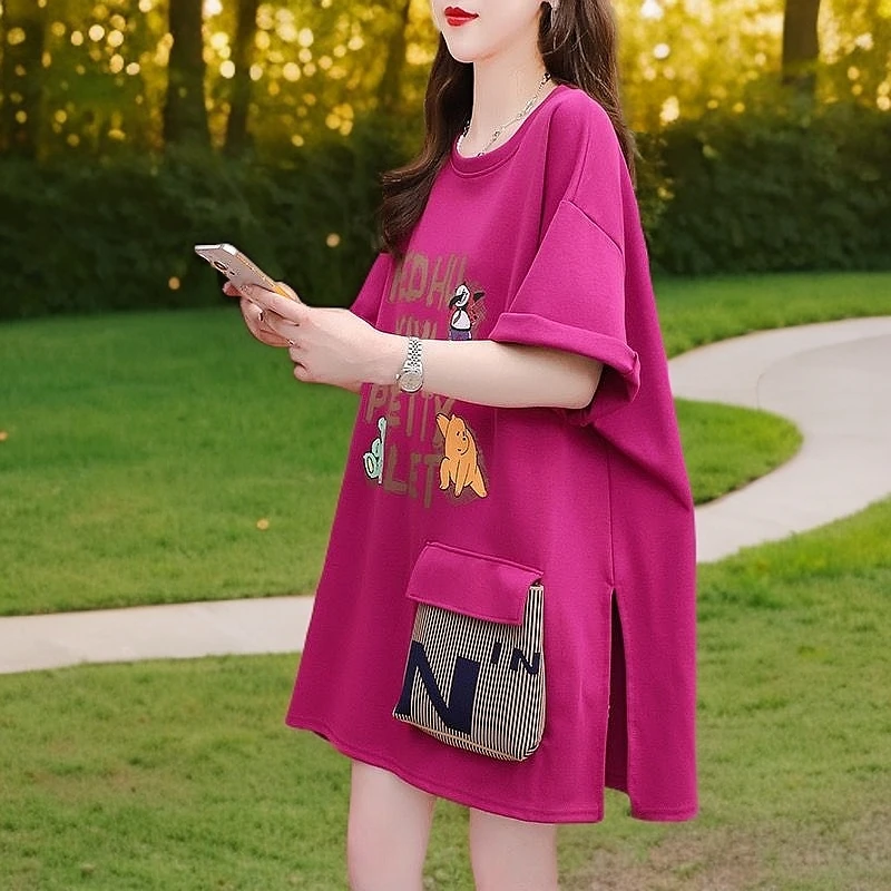 女士恤短袖中长款口袋宽松遮肉胖大码恤时尚胖妹妹显瘦上衣百搭