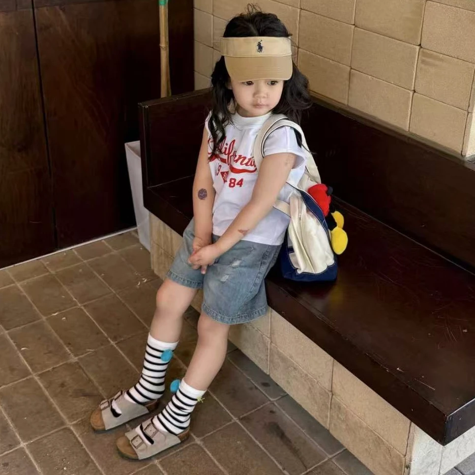 《现货》2025夏季新款韩版女童套装小飞袖字母短袖牛仔五分短裤