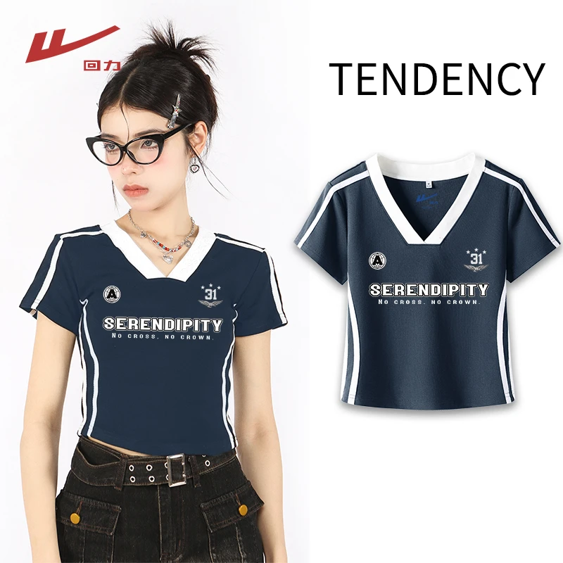 Warrior/回力小众品质女装辣妹风V领撞色T恤时尚显瘦潮流女款穿搭