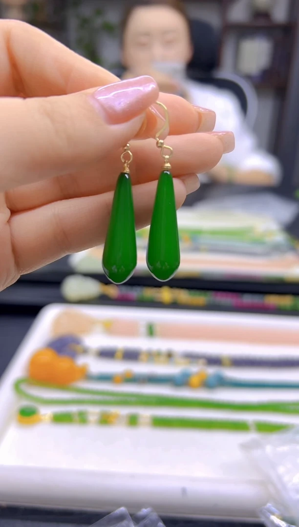 和田玉（碧玉）14K金镶嵌耳饰DIY款E74