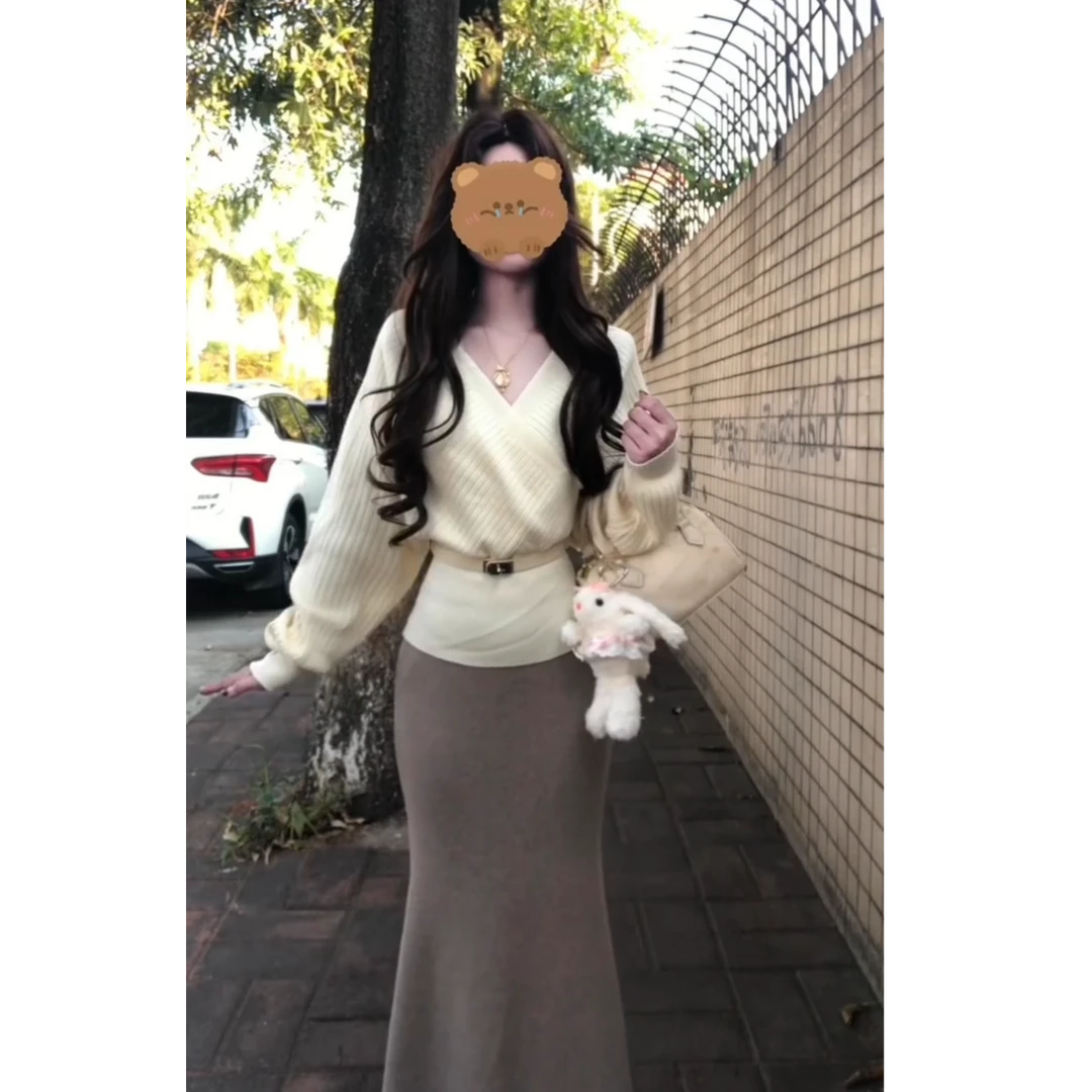 纯欲风V领针织衫气质修身秋冬御姐长袖时髦洋气纯欲半裙套装