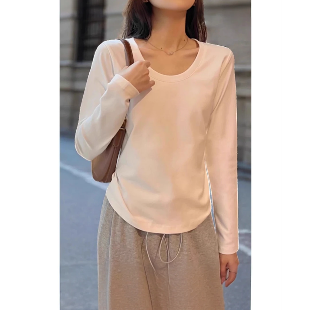 欧货套头设计感收腰短款打底衫女春秋冬洋气U领长袖T恤内搭上衣