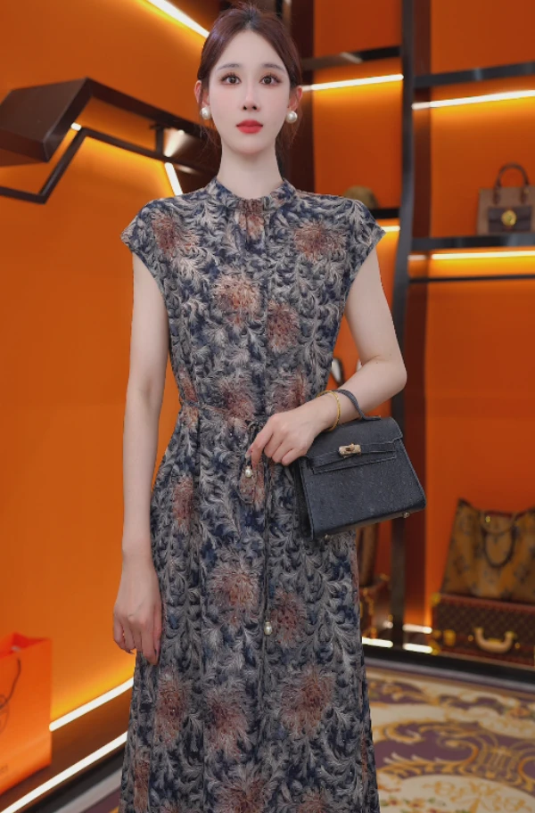 YM8802薇蓝雾羽2025新款连衣裙新中式中长款宽松裙子气质正品显瘦