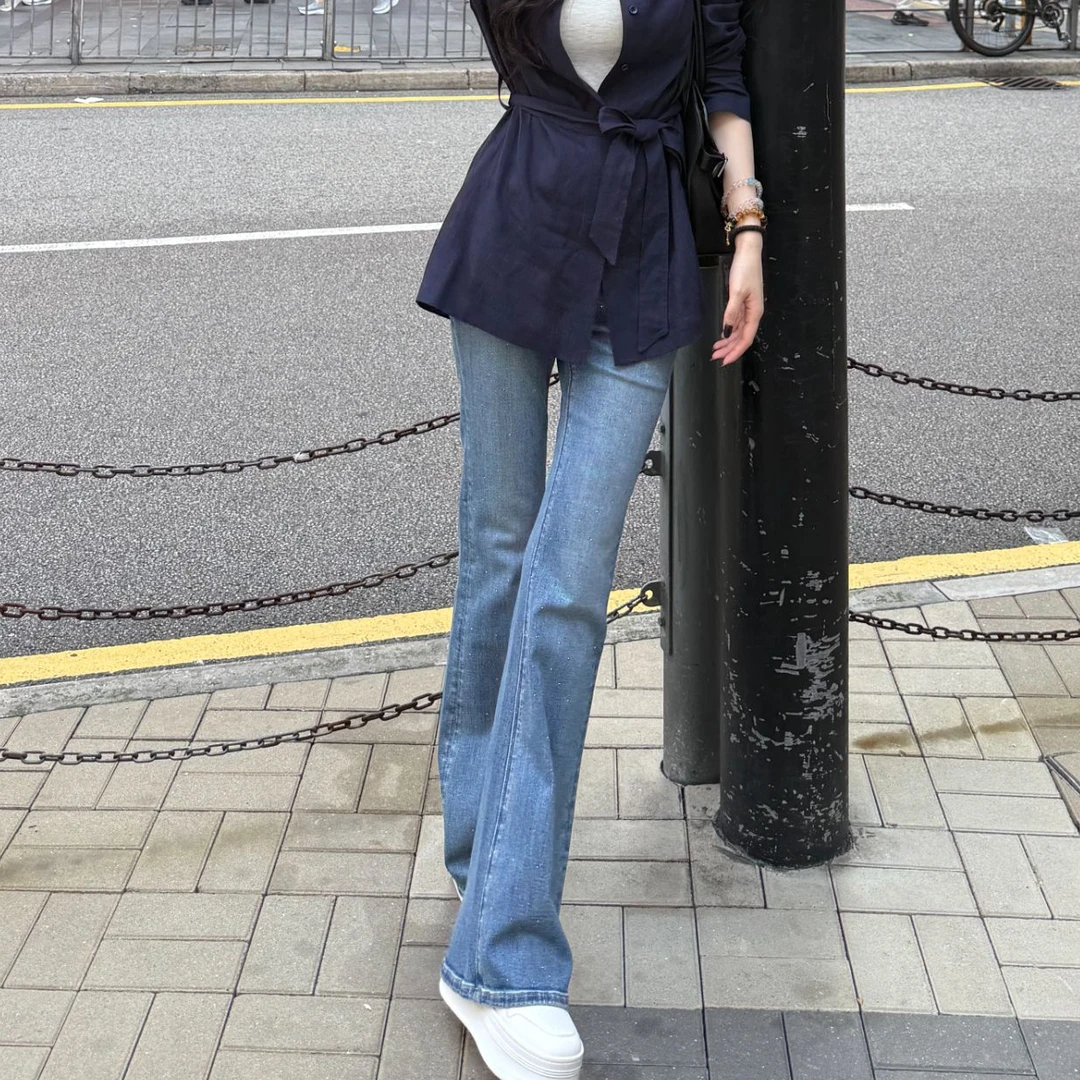 菠萝宝宝yuna【水洗星芒】早秋水洗烫钻亮片微喇牛仔裤YH16