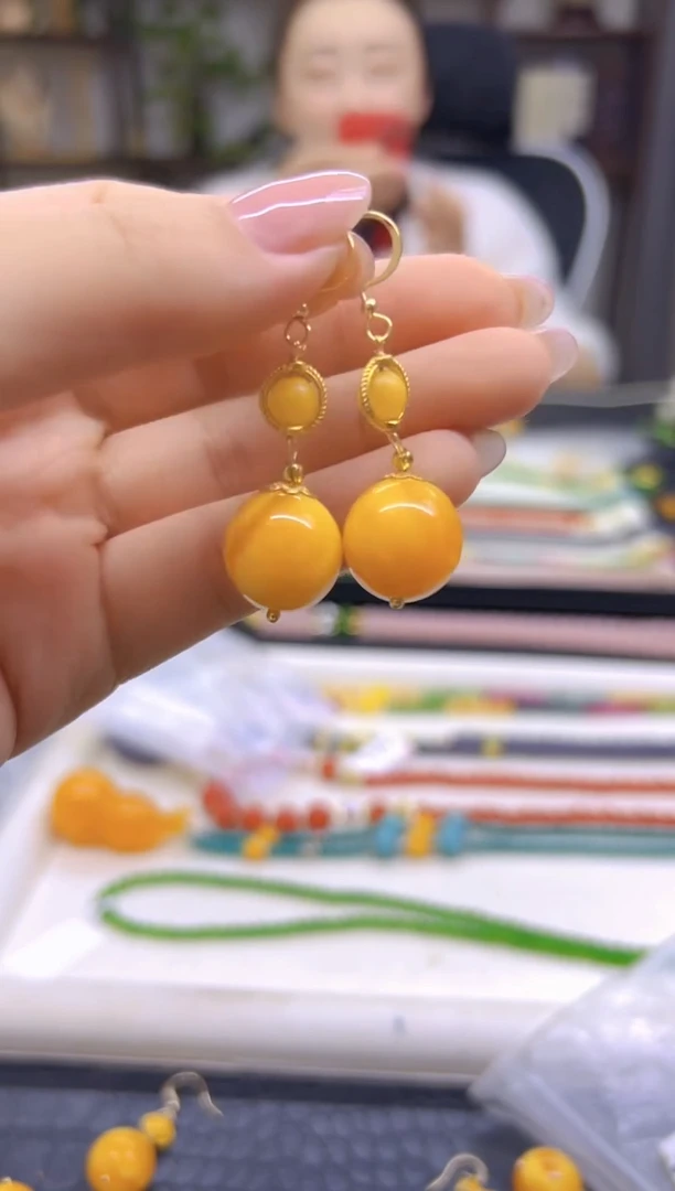 蜜蜡14K金镶嵌耳饰DIY款E496