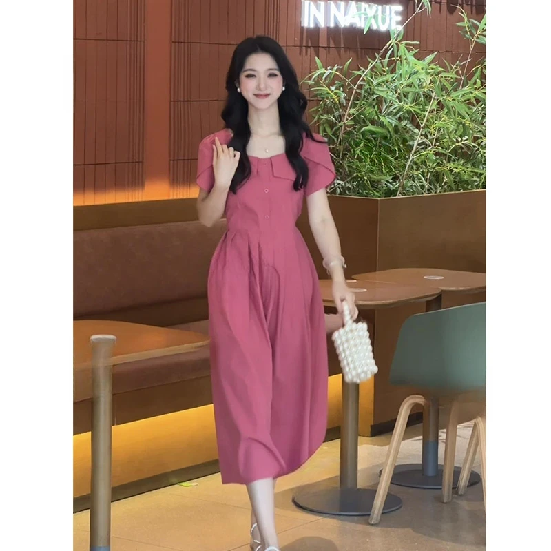 2025法式方领显瘦收腰连衣裙女D2344