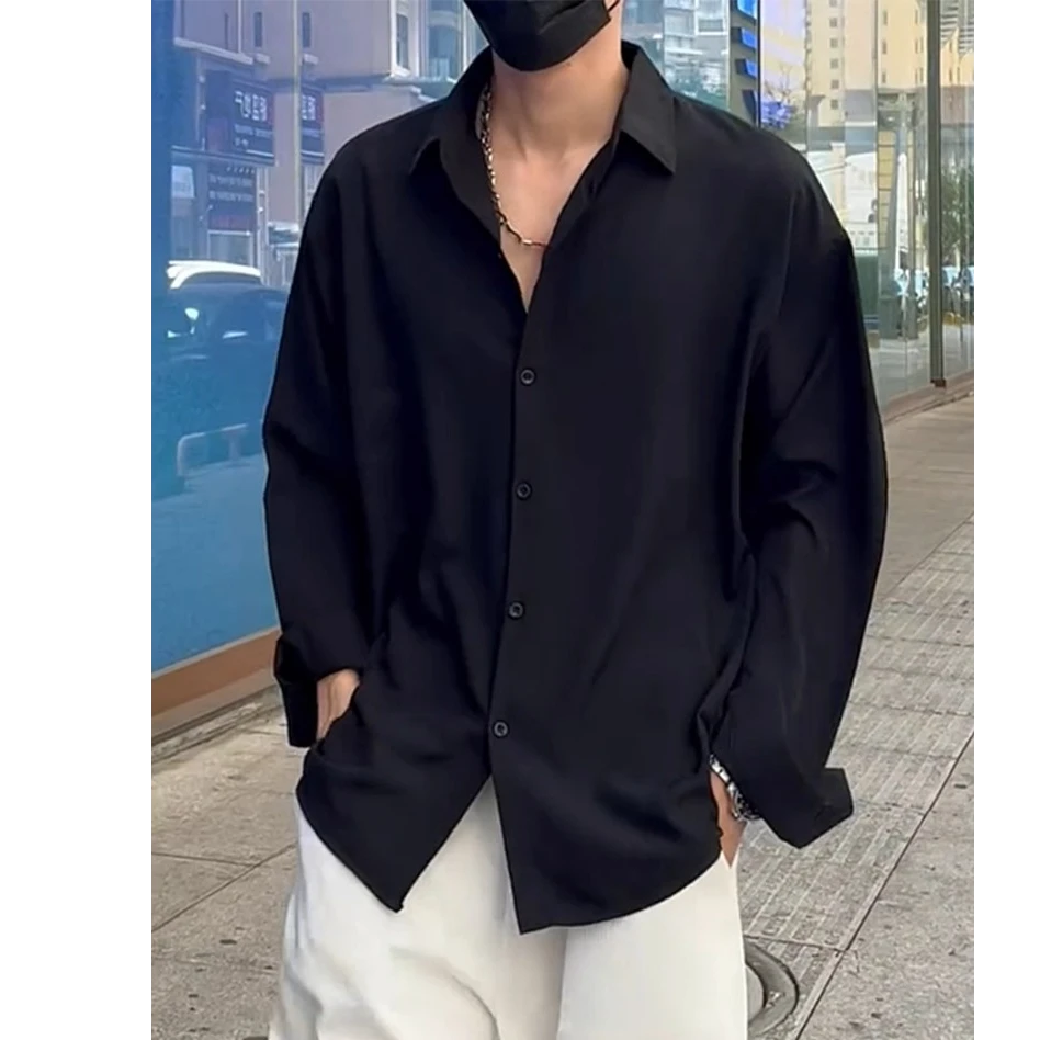 纯色男长袖秋季宽松百搭痞帅外套夏季抗皱凉感男士冰丝黑衬衫