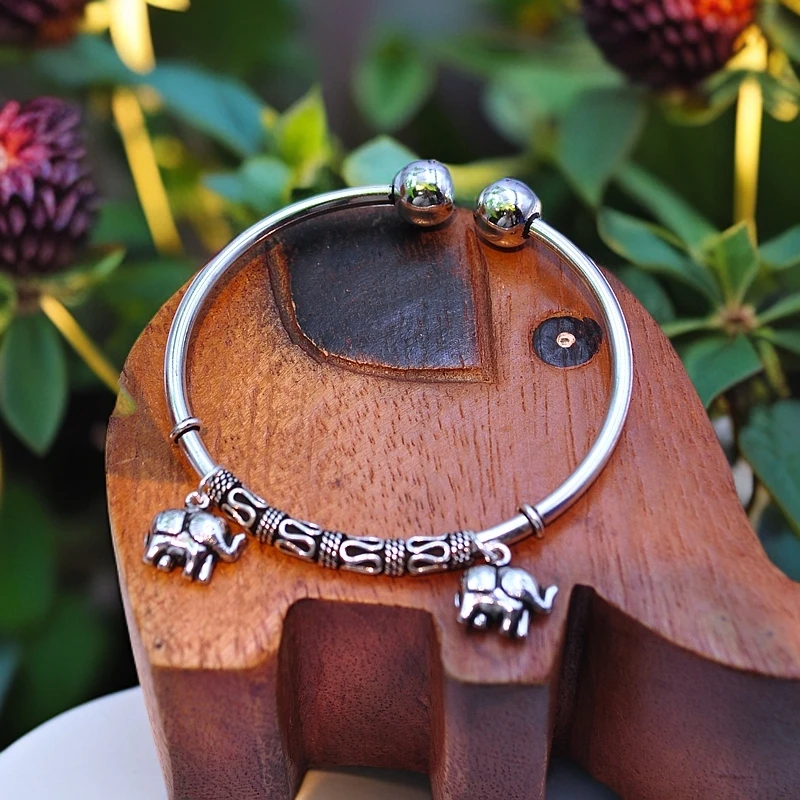 925银手镯 泰国东南亚风纯手工原创设计款复古小象雕刻女士银手镯