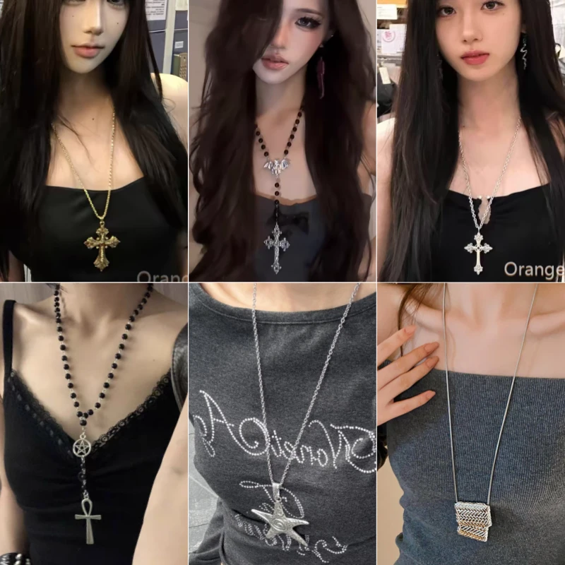 暗黑y2k亚比少女叠戴黑色串珠项链蝙蝠十字甜酷辣妹卫衣项饰配饰