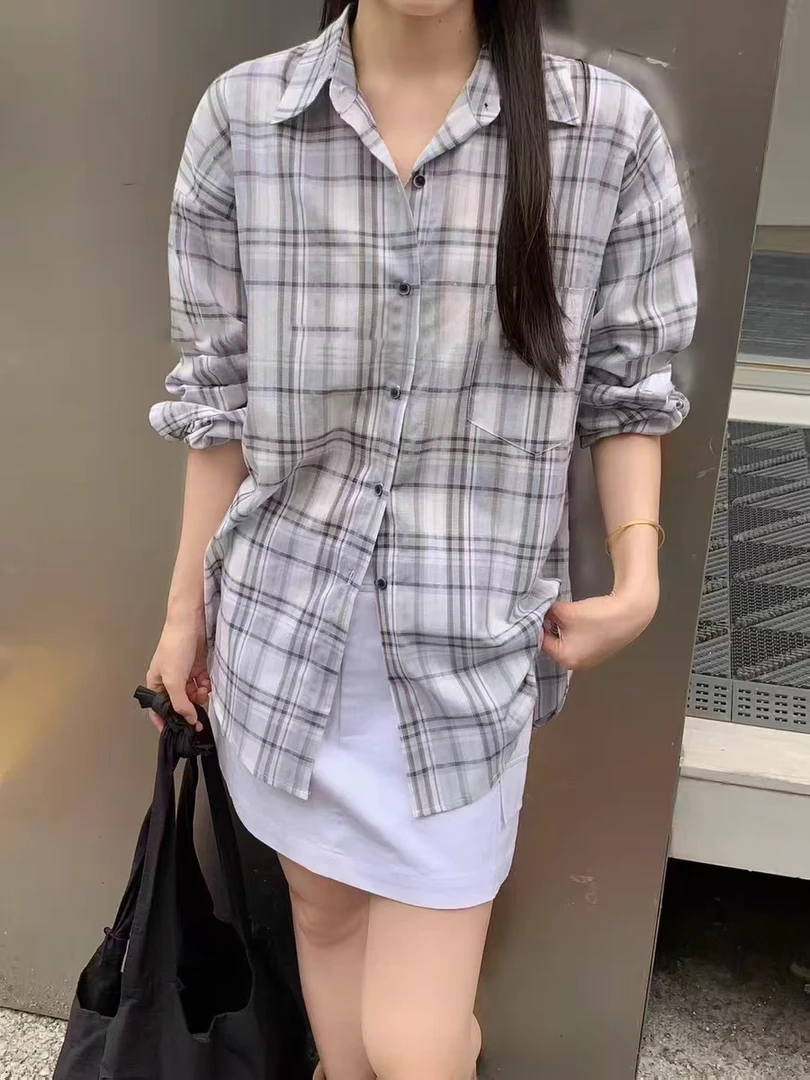 夏季韩系休闲格子长袖宽松衬衫