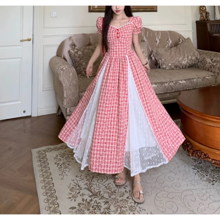 胖鑫家【粉色优格】纯欲显瘦法式温柔甜美蕾丝拼接连衣裙558-1+558