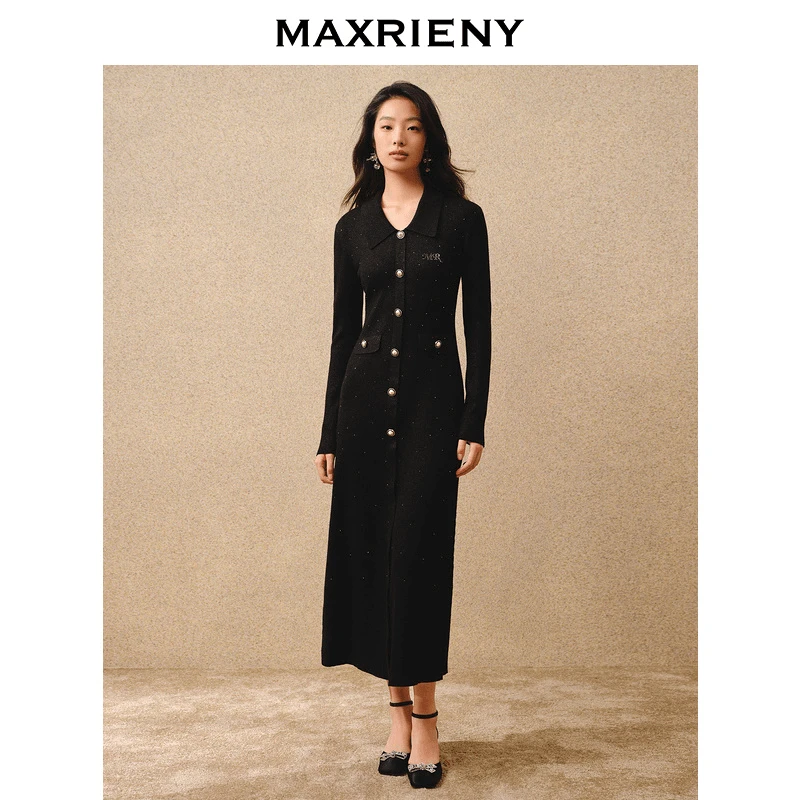 MAXRIENY冬连衣裙气质长袖针织黑色设计师优雅秋冬MS88DR763A90