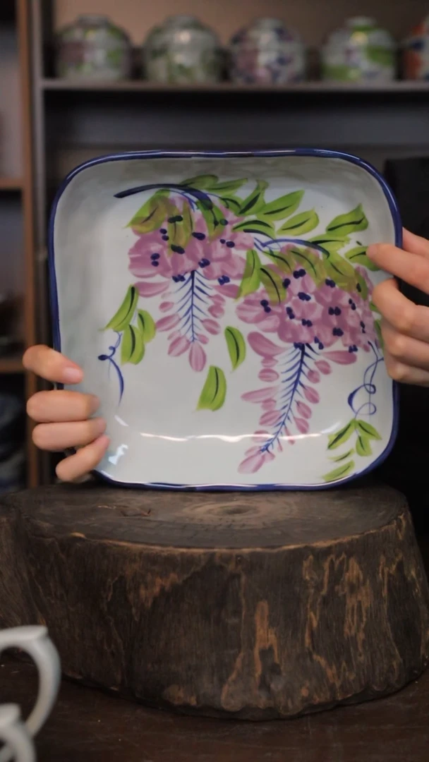 【闪购商品】椿野8寸四方盘（紫藤）C105