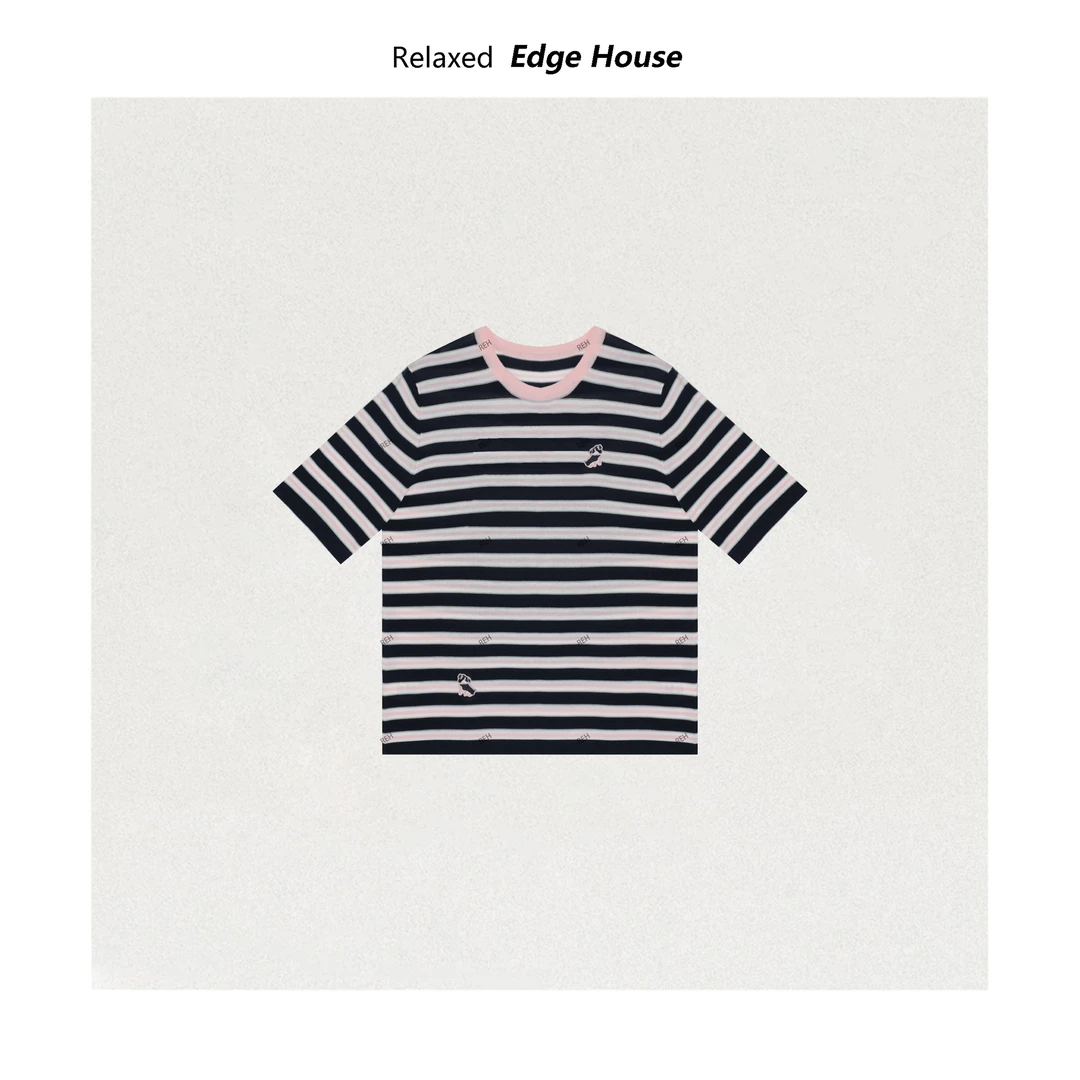 【嘻嘻家】两只小狗 新款韩版百搭条纹小狗刺绣宽松针织短袖上衣女