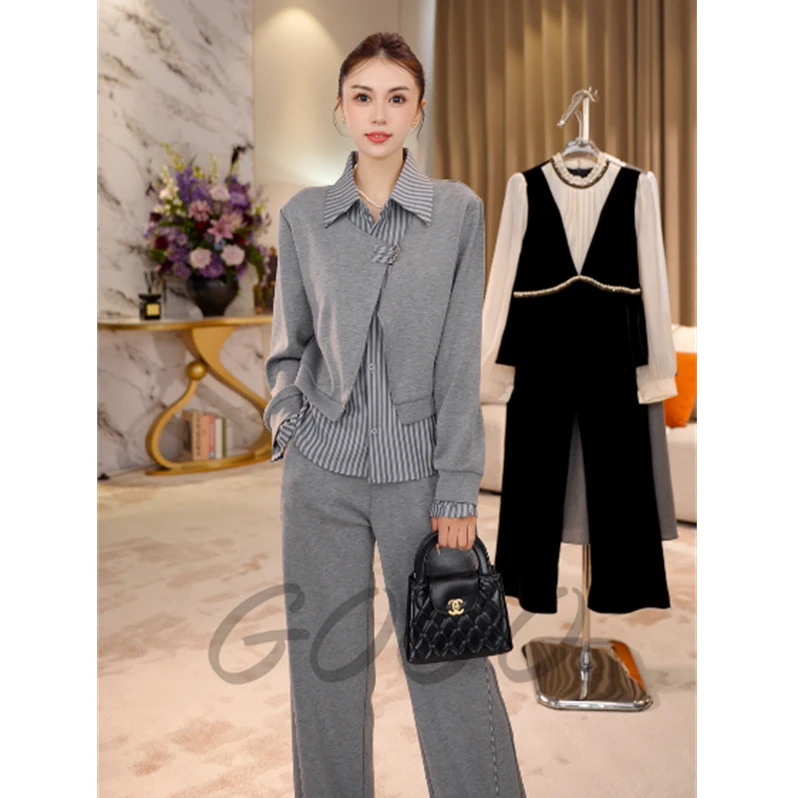 G9155小香风运动套装女2025秋季新款假两件上衣阔腿裤显瘦两件套