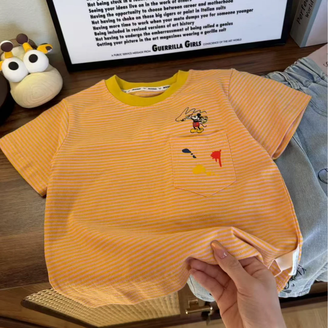 YM【JMJQ 25282】夏季新款中小童韩版亲肤色织条纹贴袋印花短袖体恤