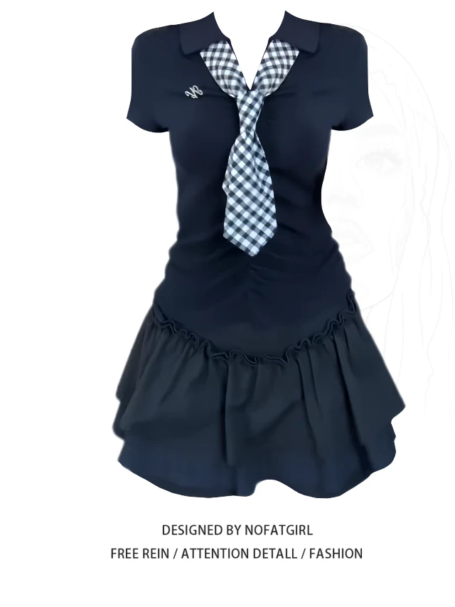 大码胖MM美式复古格纹领带翻领T恤女夏季修身高腰短裙学院风套装