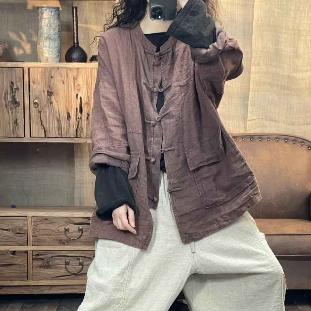 [四月阳光]春季亚麻炒色做旧复古盘扣休闲女装开衫(长72胸围140)