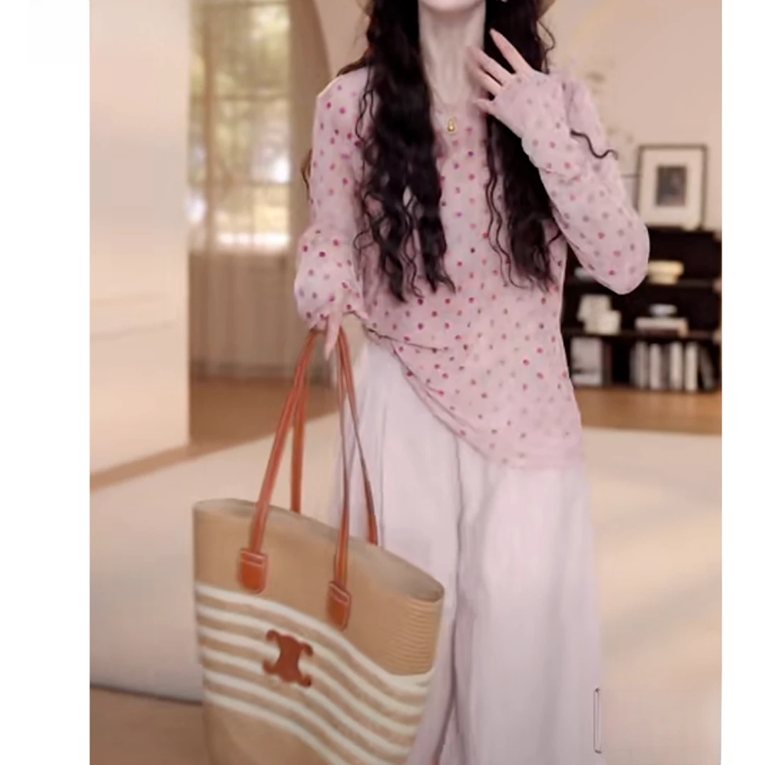 设计感百搭波点收腰长袖防晒T恤2025夏季新款时尚高级感薄款上衣