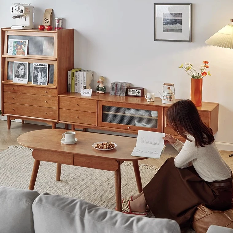 实木电视柜茶几组合现代简约樱桃木色小户型客厅储物边柜卧室地柜