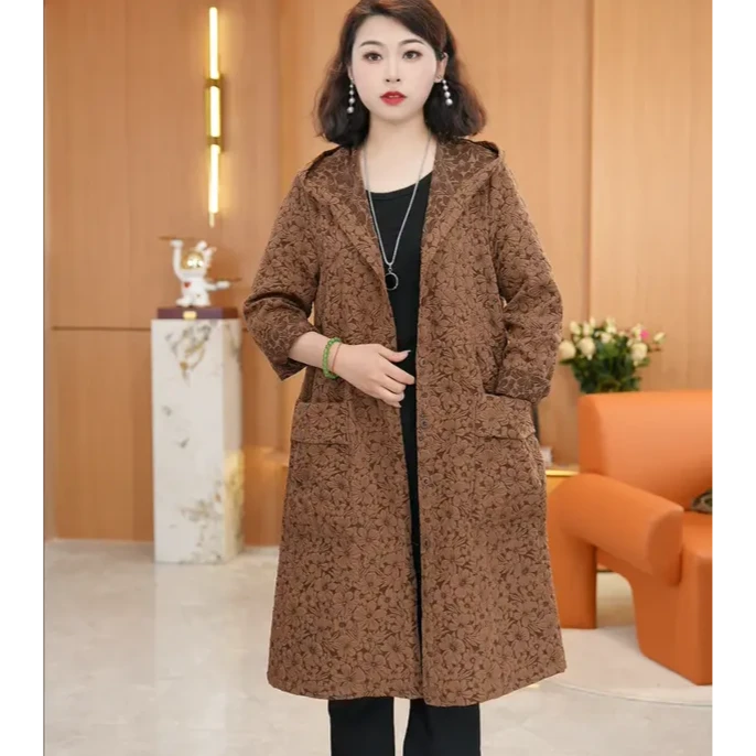 #4031{连帽}大口袋薄款风衣花纹外套女中长款百搭韩版外套宽松