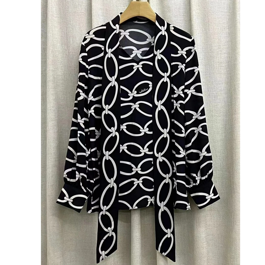 W慕溢-036黑白色飘带衬衣