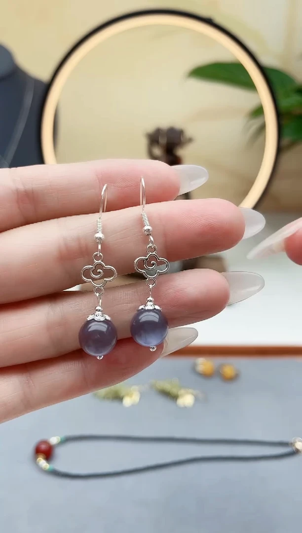 石英质玉银S925镶嵌耳饰391