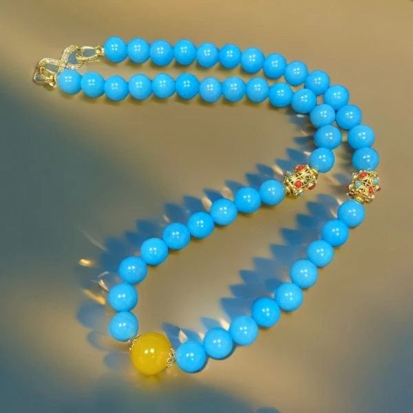 天空蓝国风蓝焱龙玛瑙项链0mm46颗鸡油黄气质轻奢妈妈链设计款女