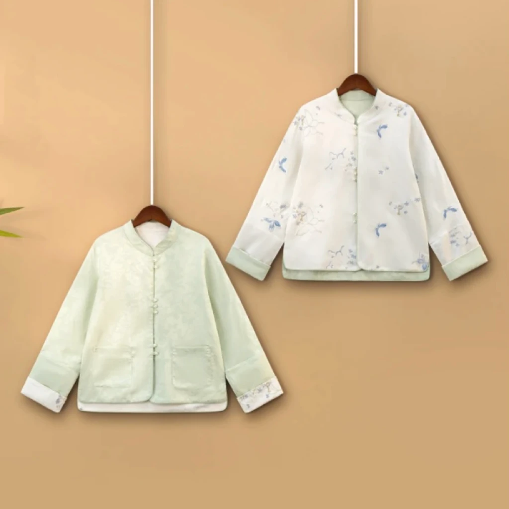 新中式春季刺绣薄款双面穿短外套国风提花上衣35-65岁女装国潮版