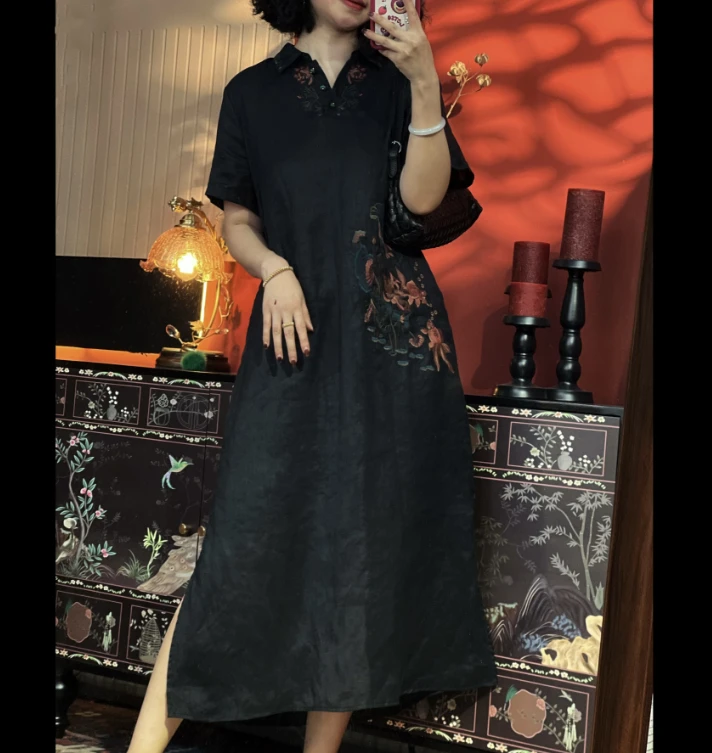 【荷塘月色】羊在在民族风设计师高定款重工刺绣复古连衣裙L890
