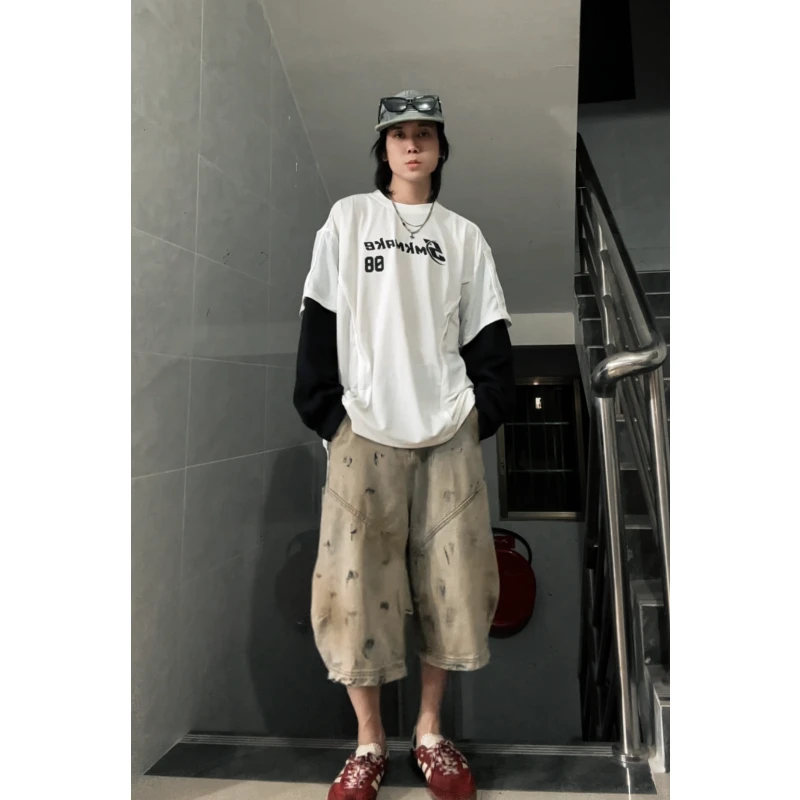 E17推荐美式街头复古水洗做旧宽松直筒七分牛仔裤男女情侣款