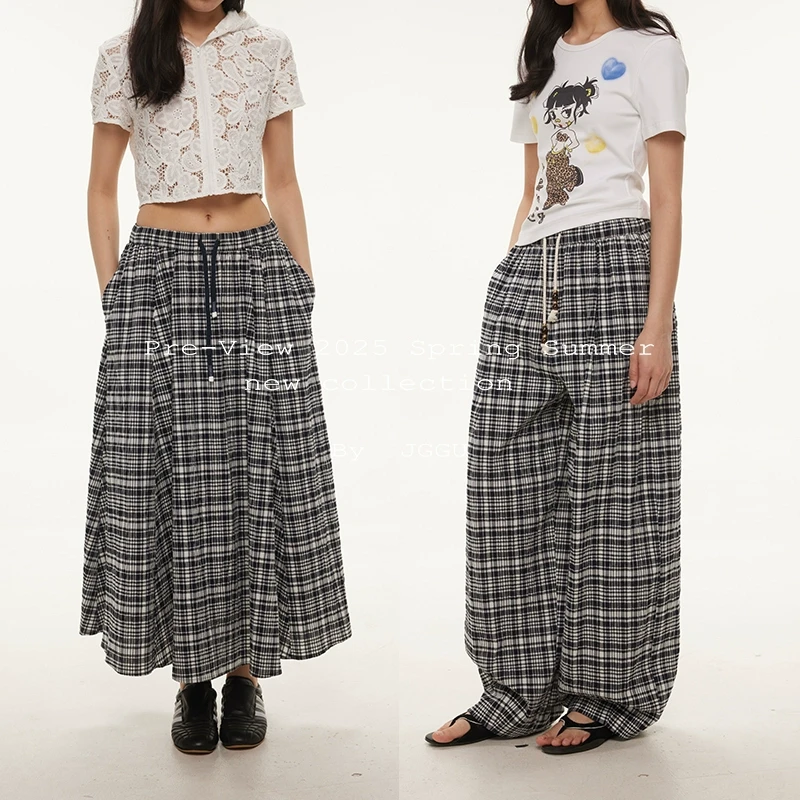 复古撞色格纹休闲直筒裤女格纹百褶半身裙JG11250093