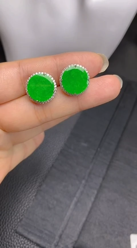 翡翠银S925镶嵌耳饰圆牌