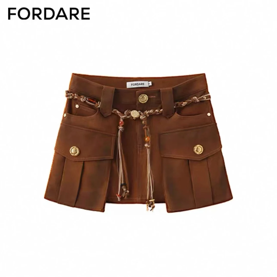 FORDARE喷色串珠腰带工装短裙