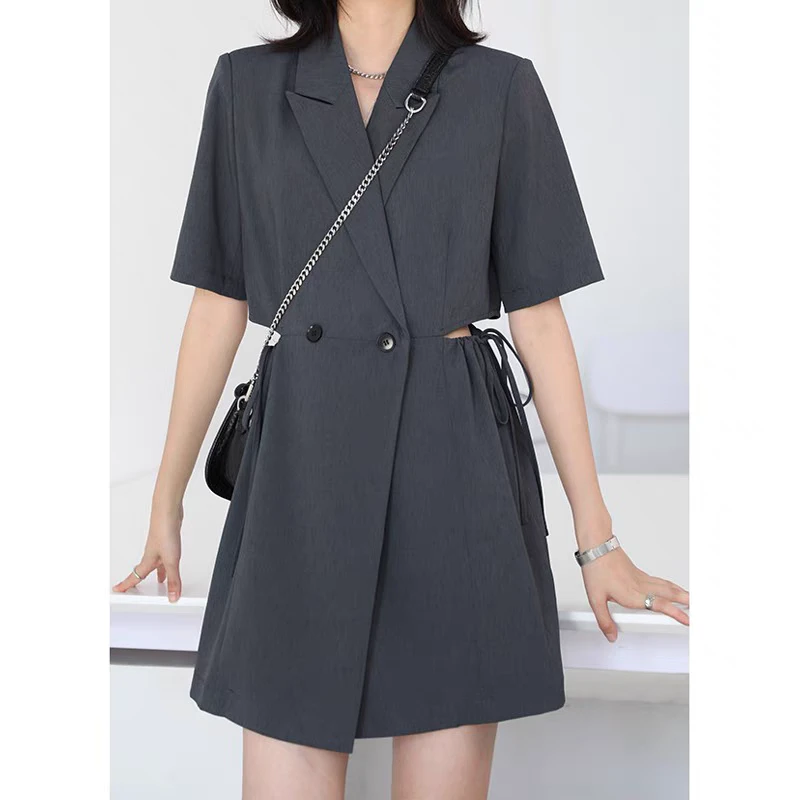 「青和月服饰」夏季复古气质V领短袖西装裙小心机绑带露腰连衣裙