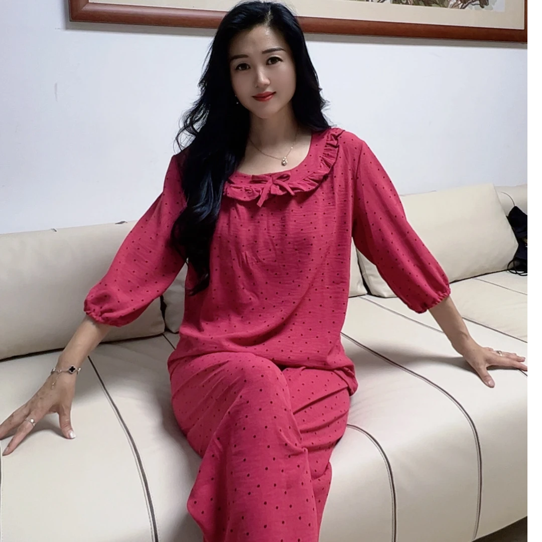 花女人2533秋冬洋气复古点点宽松粉色收紧袖时尚休闲家居服套装