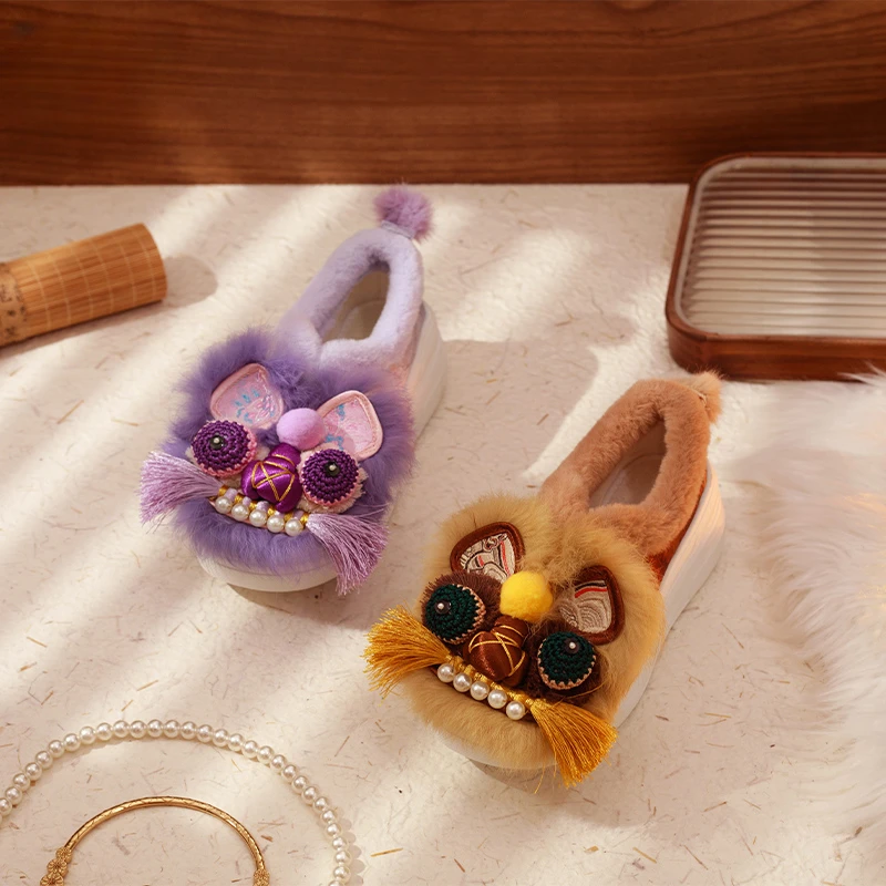 虎头鞋女成人冬季增高棕色绣花鞋非遗布鞋加绒款国风新中式旗袍鞋