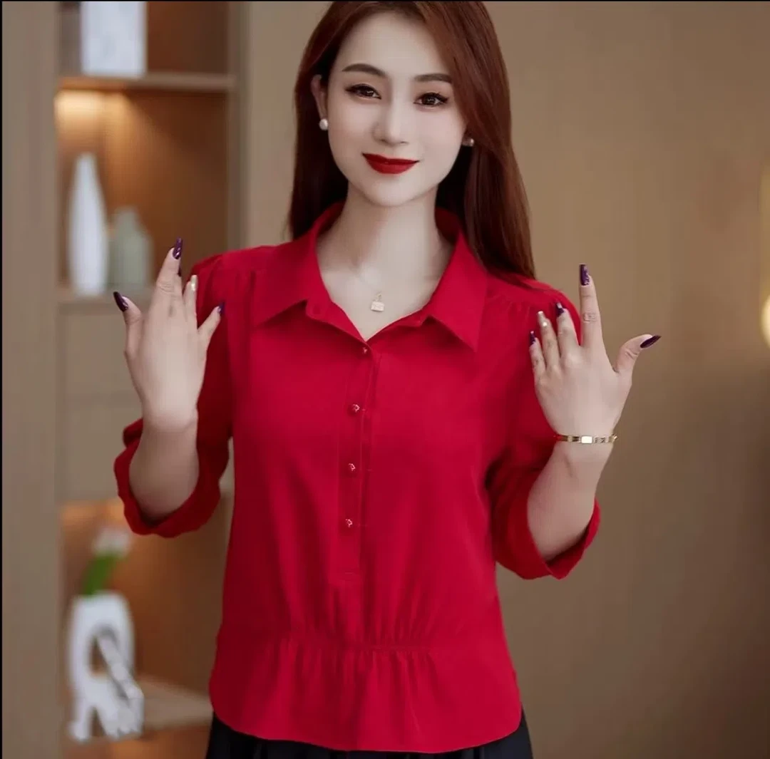 JY0002女装春季翻领薄款中袖衬衫时尚纯色妈妈装短款减龄套头上衣