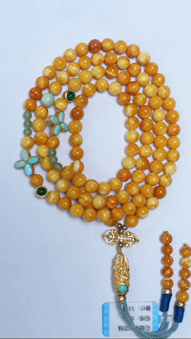 蜜蜡颈饰未镶嵌花蜡绿松108项链6mm